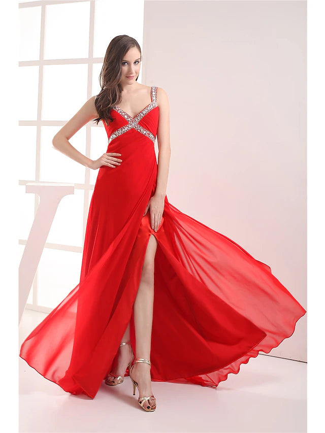 A-Linien-Abendkleid, elegantes Kleid, formeller Abend, bodenlang, ärmellos, V-Ausschnitt, Chiffon mit gerüschtem Perlenbesatz, Schlitz